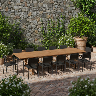 Wayland 13-Piece Outdoor Rectangular Extendable Dining Table And Chairs Set | Teak Finish | Ideal For Patio, Light Brown Table & Black Chairs