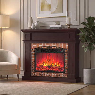 44" Electric Fireplace with Mantel Farmhouse TV Stand with 23" Insert Dark Cherry Classic Brick Mantel with Removable Elegant Iron Scrollwork Grate, Perfect as a Freestanding TV Stand for Your Living Room