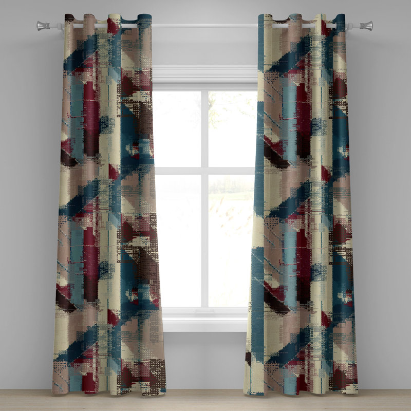 Dakota Fields Grunge Grommet Curtain Jumble Abstract Stripes Art 50" x 96" Cream Raspberry Sea Blue, 50" W x 54" L