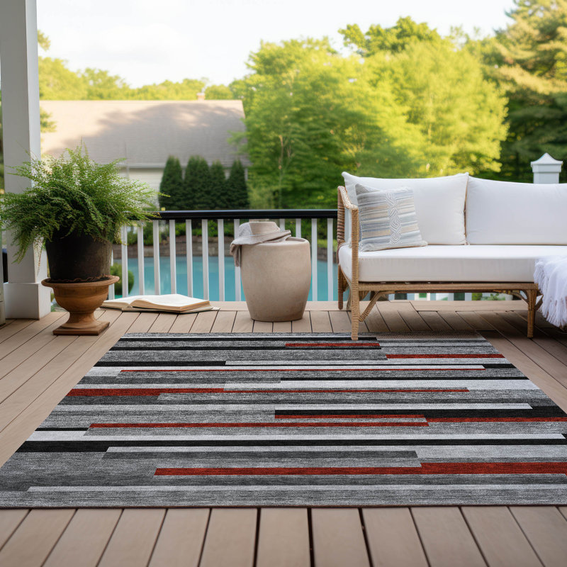 Gray Rectangular Synthetic Stripe Indoor/Outdoor Rug 2'6" x 3'10"