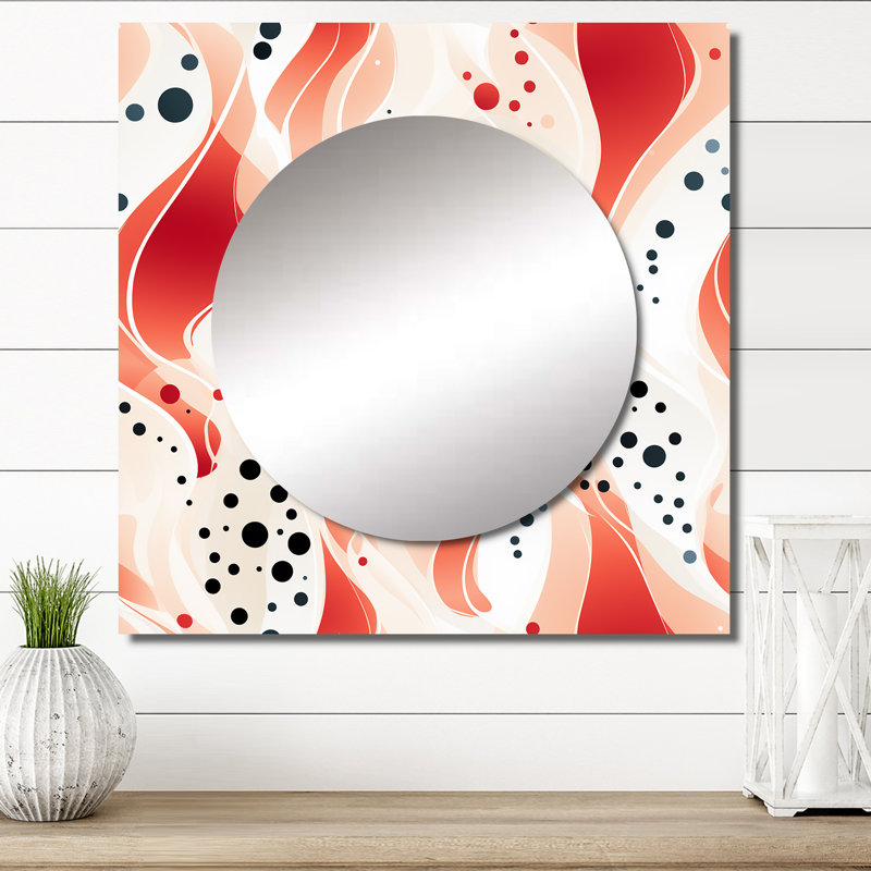 Motif à pois rouges et blancs III - art moderne carré de miroir mural de salon, 29 po x 29 po