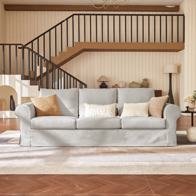 89" Slipcovered Classic Sofa with Rolled Arms and Deep Seats, 3-Seater Couch for Living Room