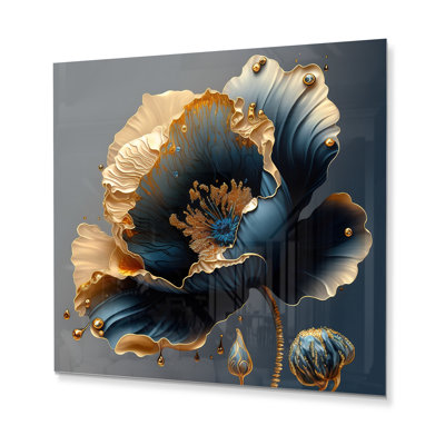 «Elman Deep Blue and Gold Single Flower IV», décoration murale en métal florale, reproduction d'art moderne en métal
