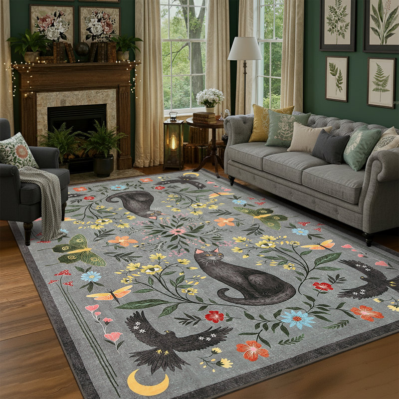 Vintage Cute Cat Machine Washable Rug with Rubber Backing for Living Room Stain Resistant Non-Slip Dining Room Rug Easy-Cleaning Floor Carpet for Bedroom