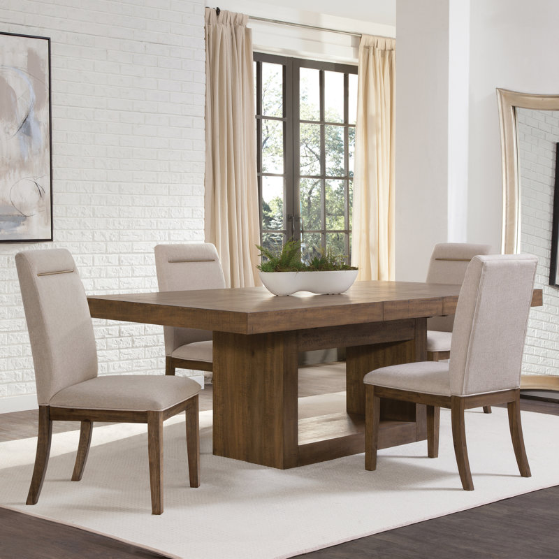 Kameah Extendable Trestle Dining Set, 5 Pieces: Table, 4 Chairs, Toffee/Beige