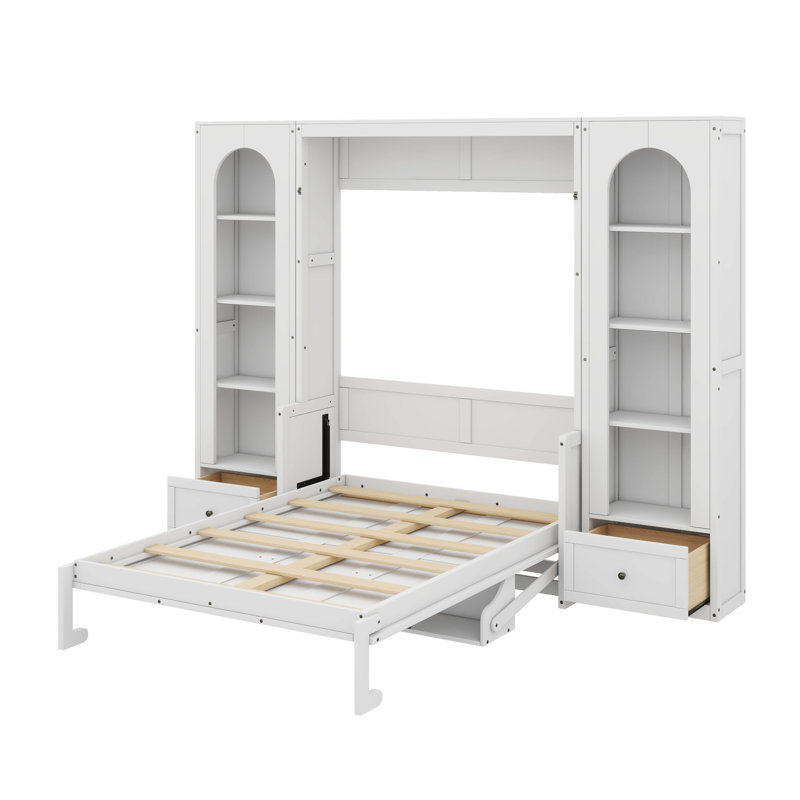Grand lit escamotable grand format avec armoires de rangement, tiroirs, éclairage DEL et tablettes, Blanc