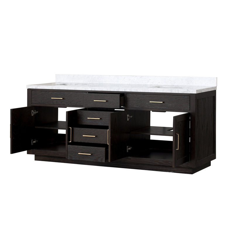 Meuble-lavabo double en chêne noir 22 po Abbey et plateau en marbre de Carrare, H 34,12 po x l 22 po x P 84 po
