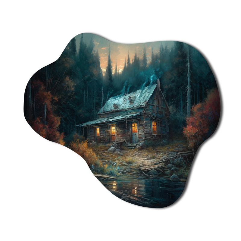 Cabine dans les bois - Art mural forêt asymétrique en métal, sculpture murale en métal nuage, H 25 po x l 28 po x P 1 po