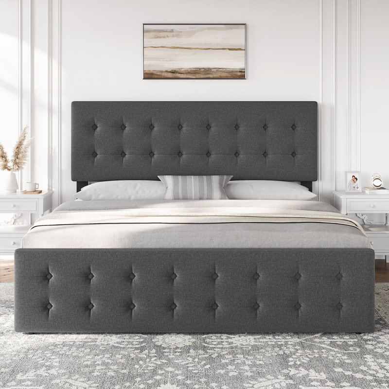 King Bed Frame With Headboard And 4 Storage Drawers, Platform Bed Frame Square Stitched Button Tufted, King, Light Grey