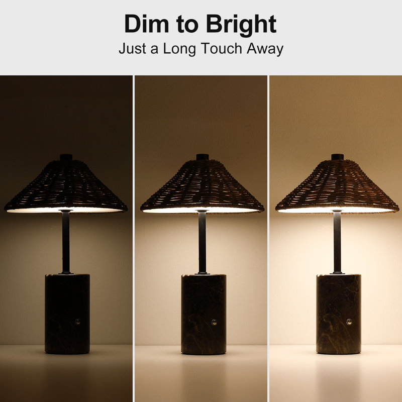 2 Pack Rechargeable 3600mAh Battery Operated LED Table Lamps, 3-Way Dimmable, Boho Rattan Wicker Shade with Marble Base