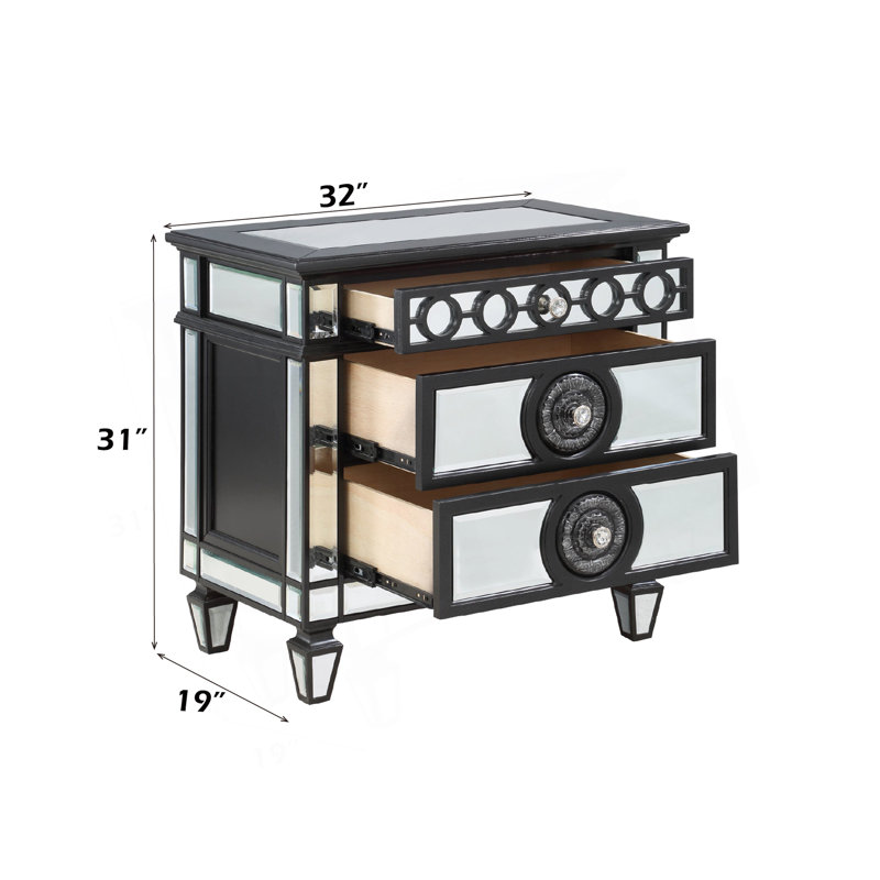 Varian II Mirrored, Black And Silver Finish Nightstand With Spacious Drawer For Modern Bedrooms And Elegant Storage Solutions