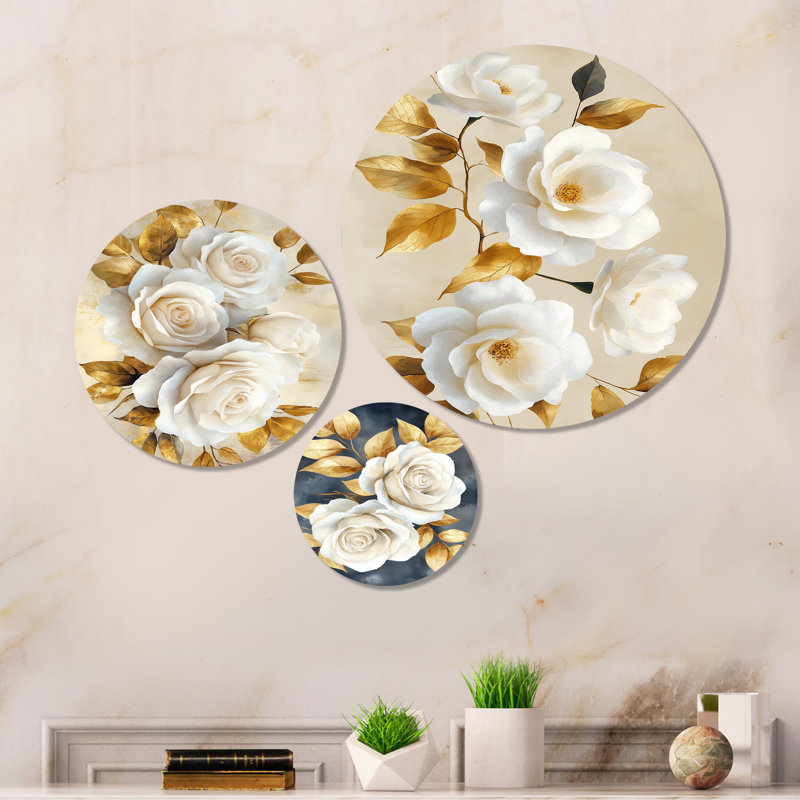 Roses blanches avec feuilles dorées - ensemble d'art mural floral en métal 3 pièces