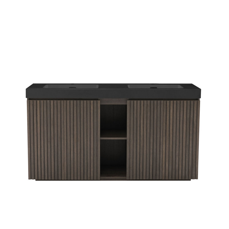 Dual Sink Functionality, Walnut & Black Style, Modern Bathroom Oasis
