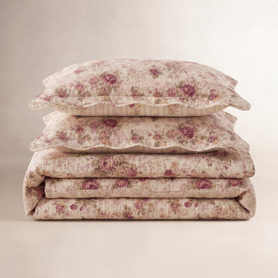 Greenland Home Fashions Antique Rose Ecru 3-Piece Bedspread Set 110"x118" Queen Size Cotton Floral Quilt with 2 Standard Shams