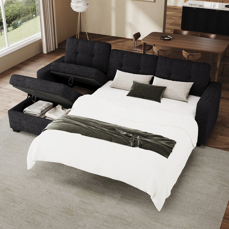 L-Shaped Sleeper Sectional Sofa With Hidden Storage, Black Chenille