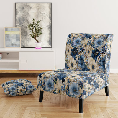 White And Blue Ranunculus Fauna Pattern II - Upholstered Cottage Accent Slipper Chair