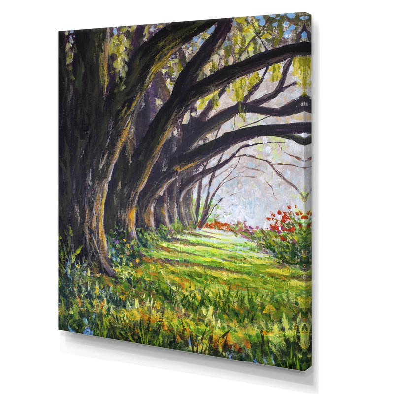 Glade dans une forêt ensoleillée avec de grands arbres géants - Peinture sur toile, H 32 po x l 24 po, Toile tendue