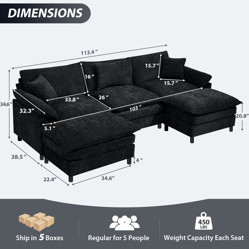 Upholstered U-Shape Sectional With Two Ottomans, Black Chenille, 34.6" H x 111.8" W x 57.8" D