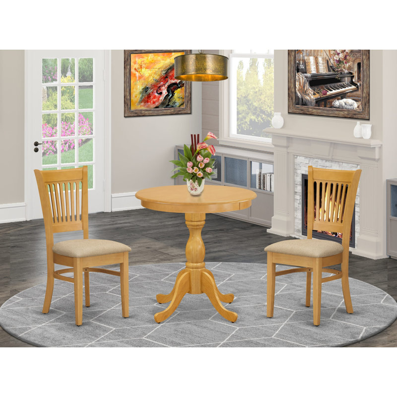 3 Piece Dining Table Set for Small Spaces Contains a Round Dining Room Table with Pedestal and 2 Linen Fabric Upholstered Chairs, 30x30 Inch, Oak