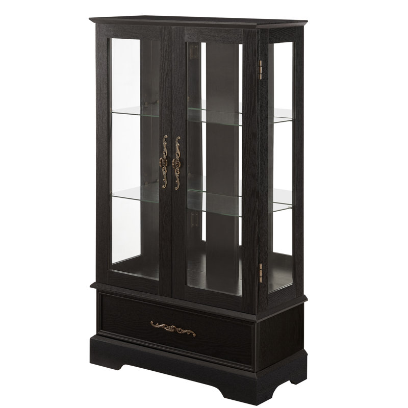 Vintage Retro Glass Display With 2 Adjustable Shelves And Metal Handle, Black, For China At Home Lighted Curio 3 - Tip Feature, Office Showcase