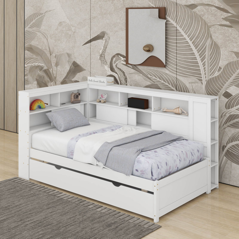 Lit de jour simple en bois avec tablettes, USB et lit gigogne, Blanc