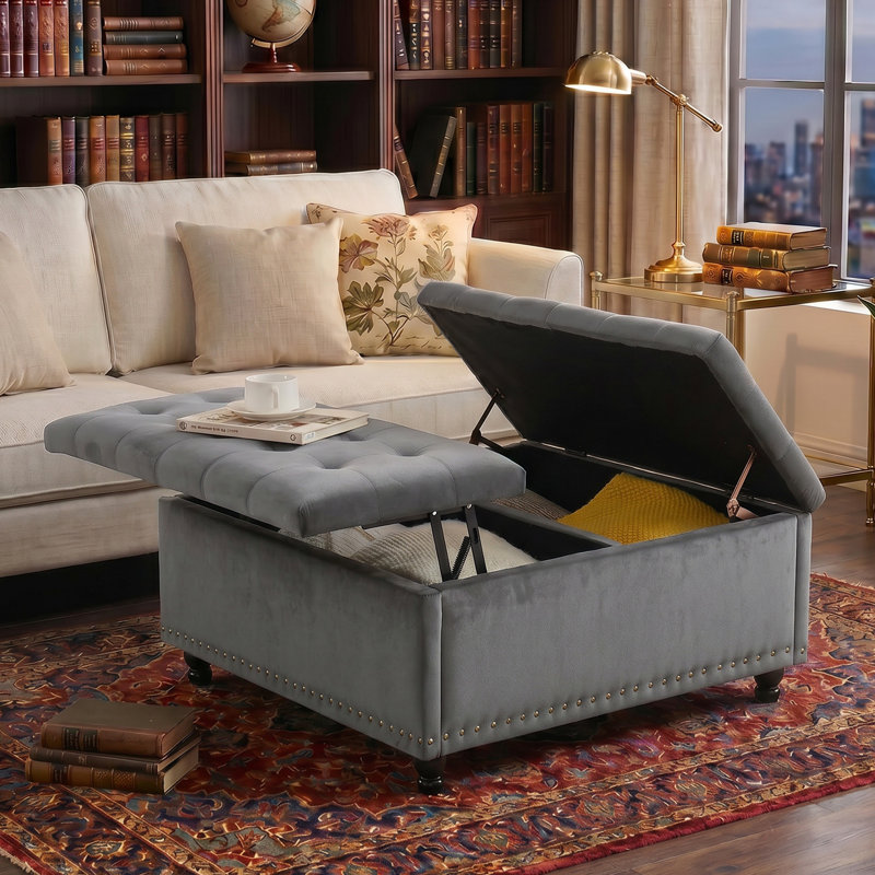 Delmontez 35.5'' Upholstered Storage Square Ottoman, Gray Velvet