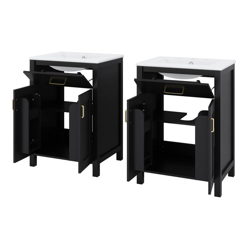 Meuble-lavabo moderne de 48 pouces avec lavabo en céramique, tiroir rabattable, tablettes de porte à double couche, Noir