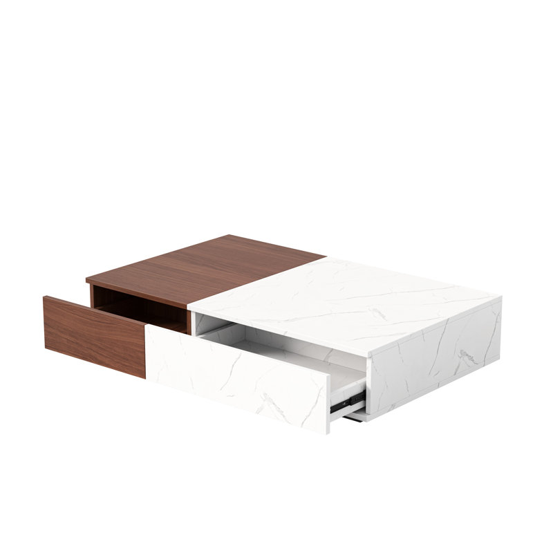 Table basse rectangulaire avec deux rangements en marbre de style noyer moderne, Brun / Blanc