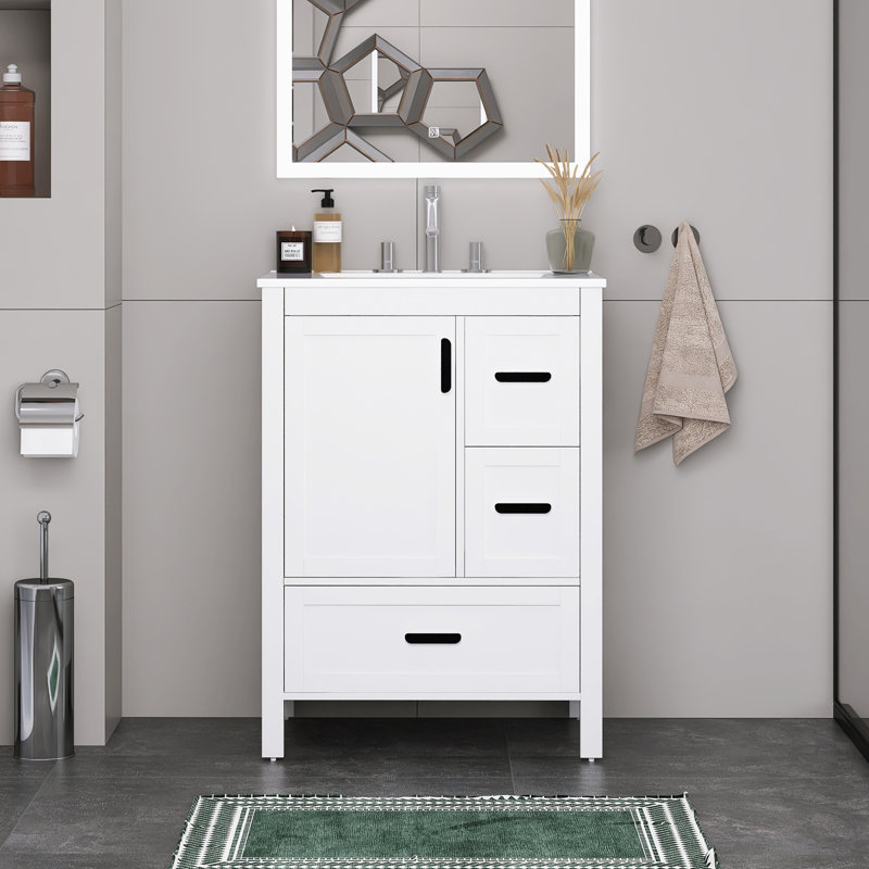 Meuble-lavabo autoportant moderne 24 "avec lavabo en céramique, Blanc