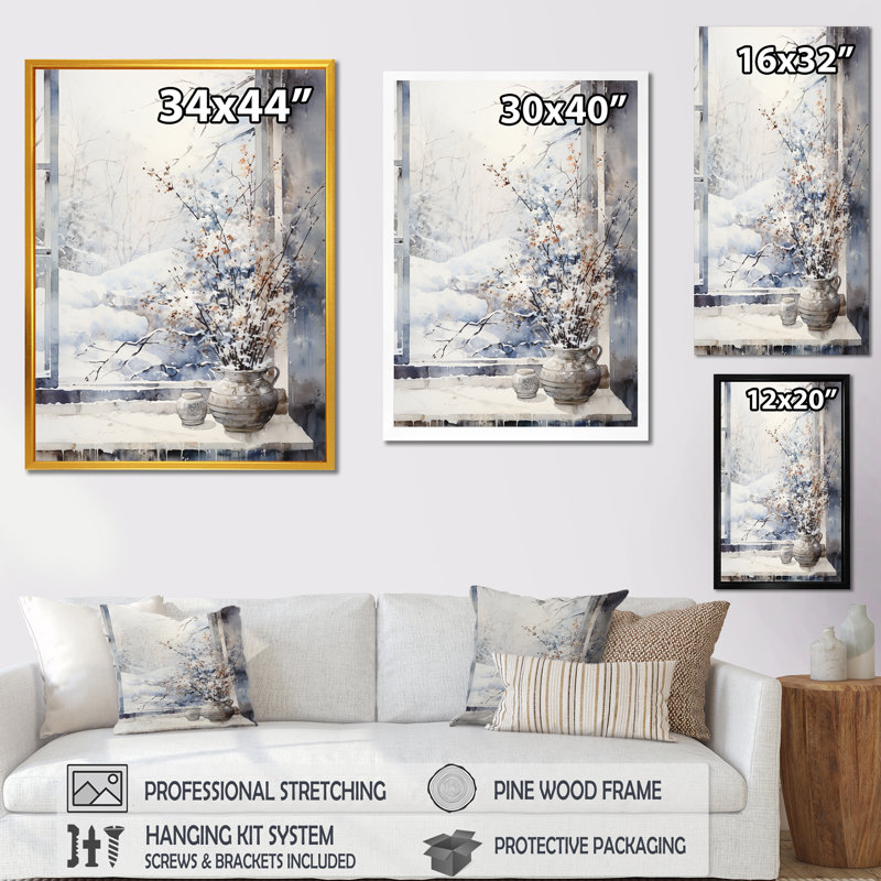 Art floral mural fenêtre de neige en hiver 1 - Japon, Cadre flottant doré, H 20 po x l 12 po x P 1 po