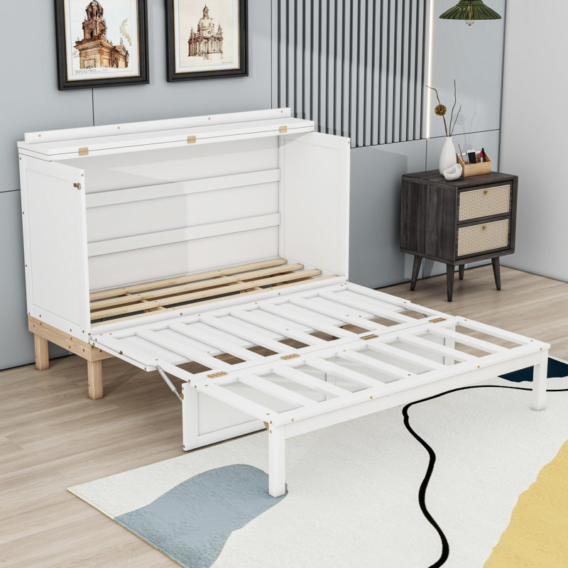 Grand lit plateforme escamotable en bois, Blanc