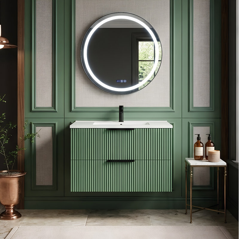 Meuble-lavabo flottant moderne de 30 po avec lavabo intégré en céramique, armoire cannelée murale avec tiroirs à fermeture en douceur (vert)