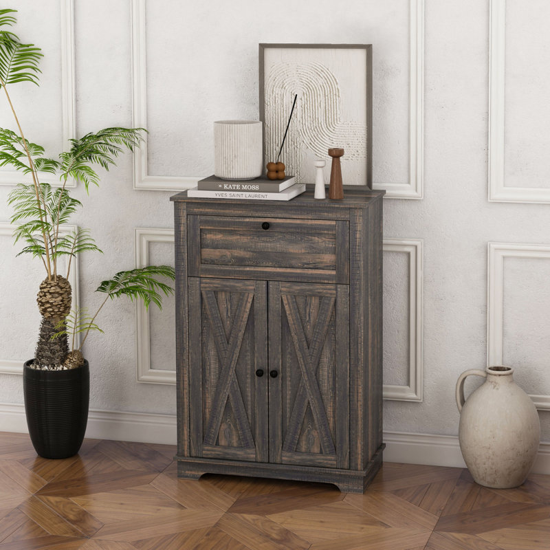 Farmhouse Barn Door Accent Cabinet With Adjustable Shelf, Drawer, And Double Doors, Brown