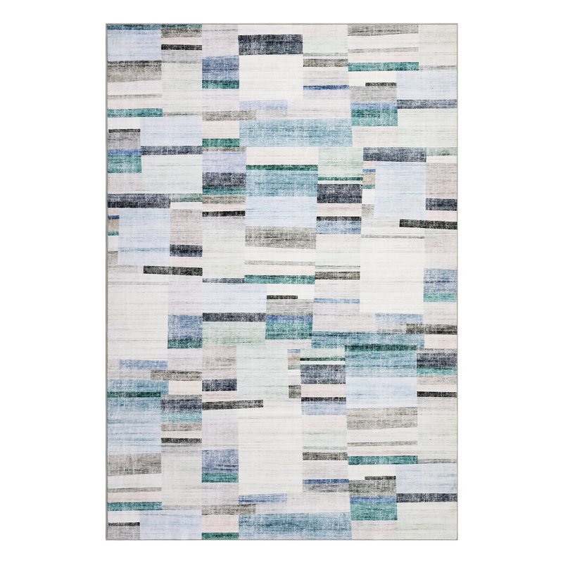 Modern Geometric Machine Washable Rug with Non-Slip Backing Non-Shedding Contemporary Accent Carpet Soft Low Pile Floor Cover for Living Room