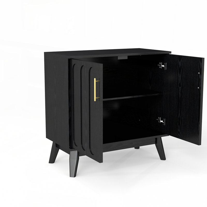 Buffet Mid-Century moderne cannelé avec tablettes réglables et pieds en bois massif, Noir