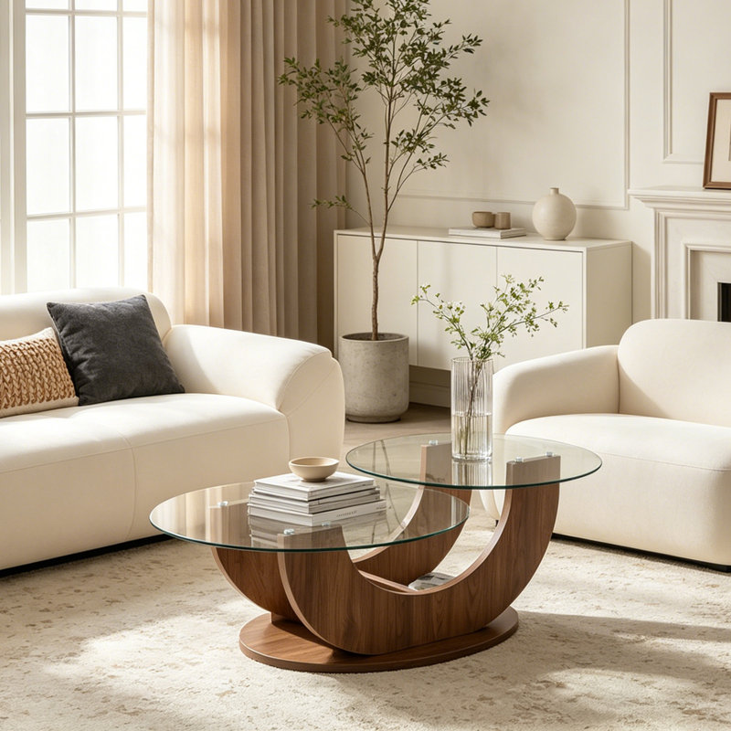 Table basse de luxe à deux niveaux en verre - plateau en verre avec tablette inférieure pour le rangement et la présentation