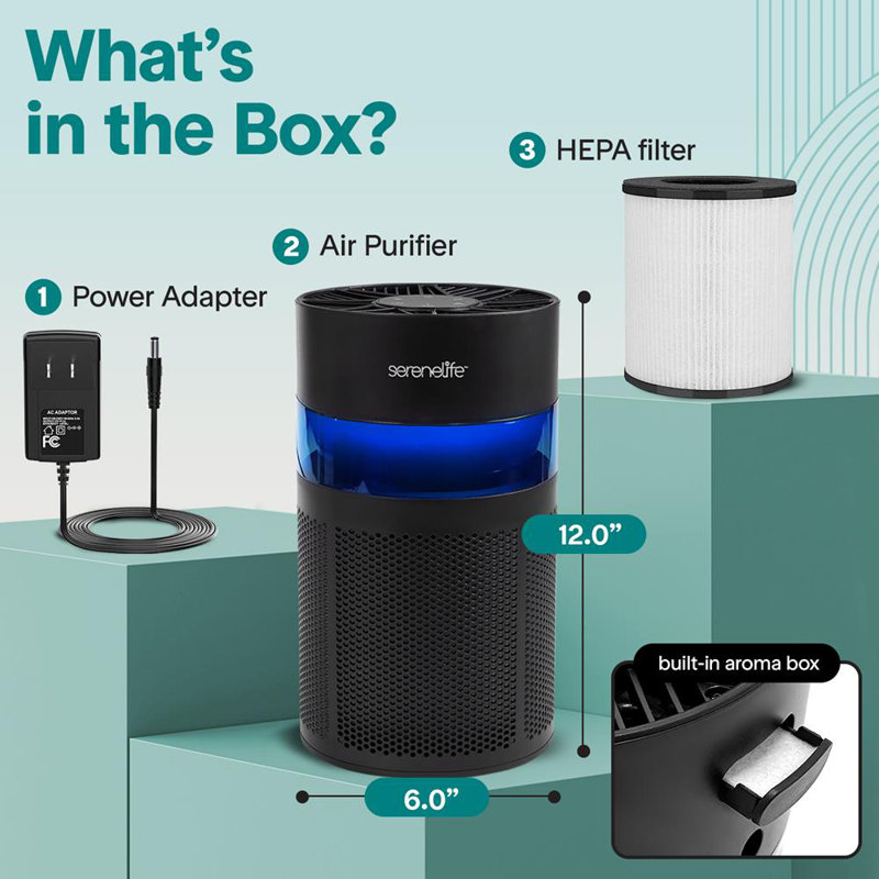 Serenelife Portable Air Purifier - Small Air Purifier With Aroma Box & Ambient Light, High Filtration Efficiency, 2-Speed, Timer & Sleep Mode, Filter Change Reminder, 6 X 6 X 12 In. (Black)
