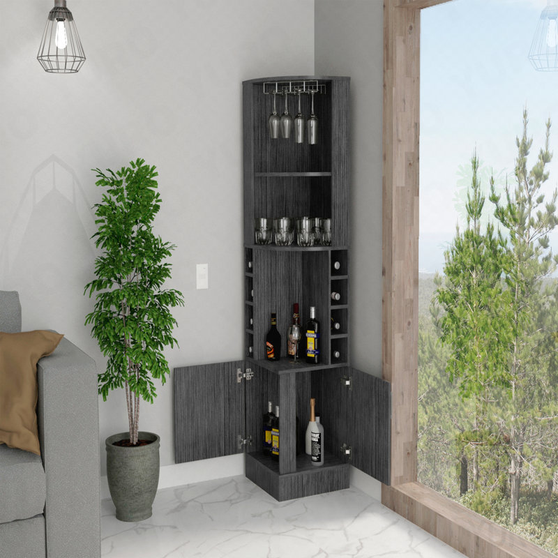 Armoire de coin, 8 casiers à bouteilles, 2 portes, 2 tablettes ouvertes pour le repas - chêne fumé