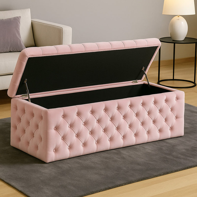 Lux Wide Velvet Chesterfield Rectangle Solid Color Standard Ottoman Box with Storage, Pink, 120cm W x 42cm D x 40cm H
