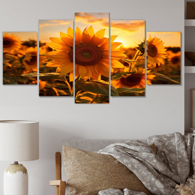 «Yellow Sunflowers Field Sunrise I», reproduction d'art sur toile florale - 5 panneaux