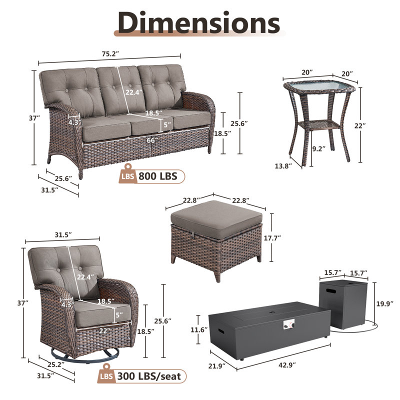 Agnes 5-7 Person Outdoor Wicker Patio T-Back Sofa Set With Fire Pit Table & Swivel Chairs, Gray
