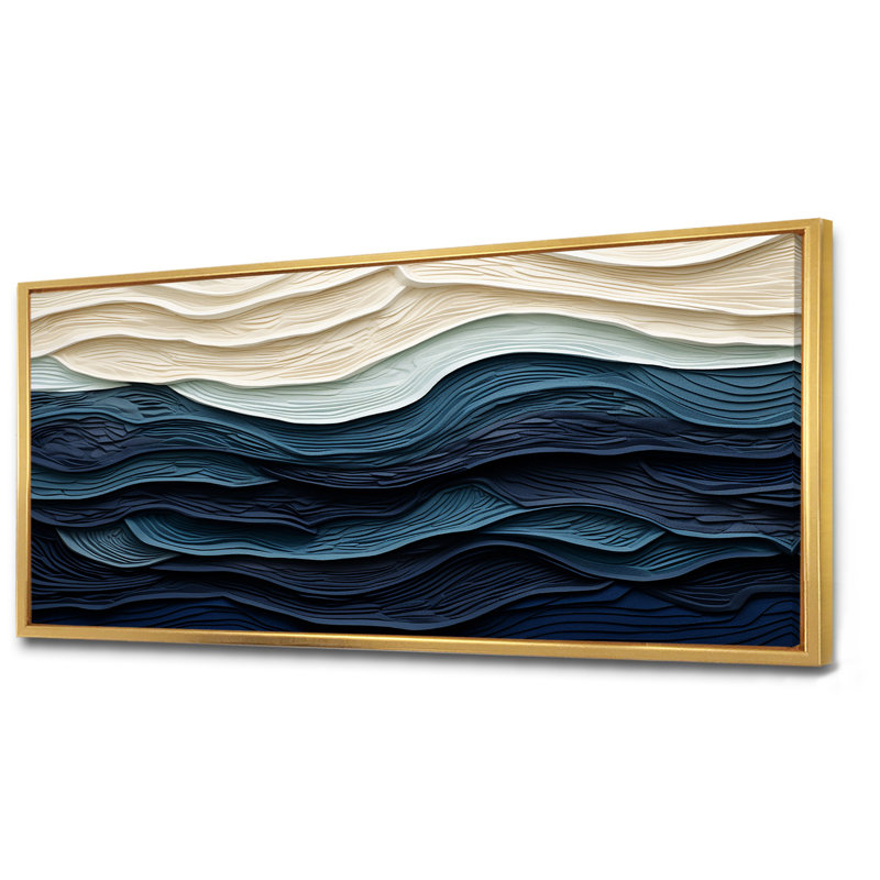 «Blue and White Coastal Waves», impression murale abstraite sur toile côtière, H 28 po x l 60 po, Doré