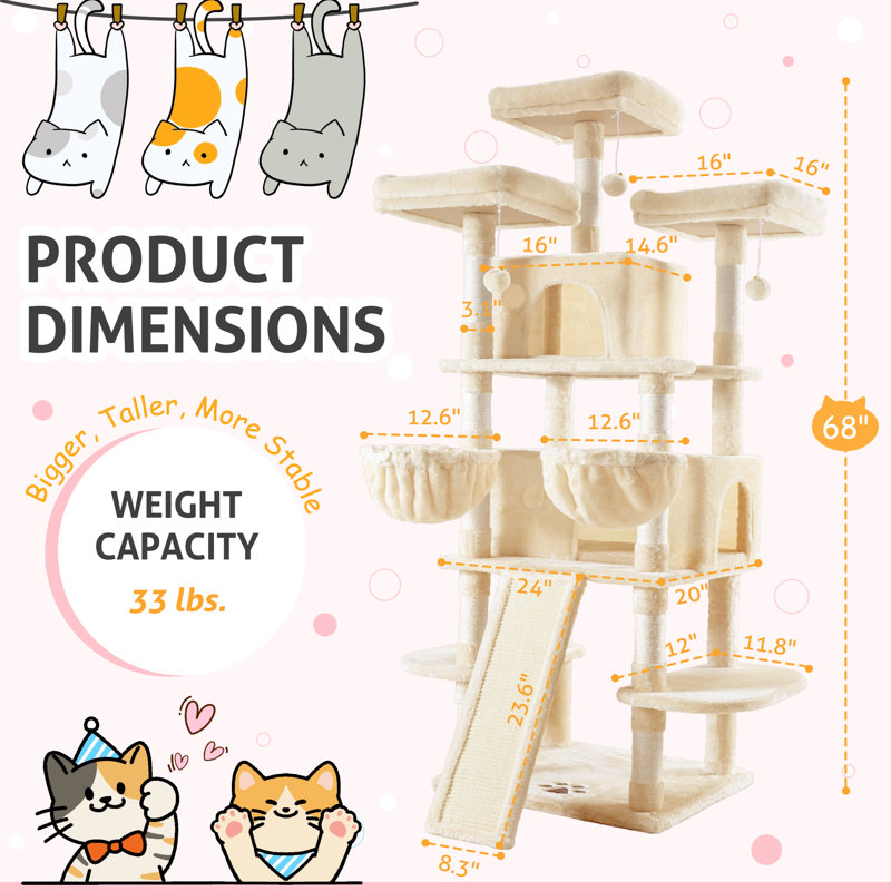  Arbre à chat à niveaux multiples avec plateformes et condos Ardle H 67 po, Crème, crème