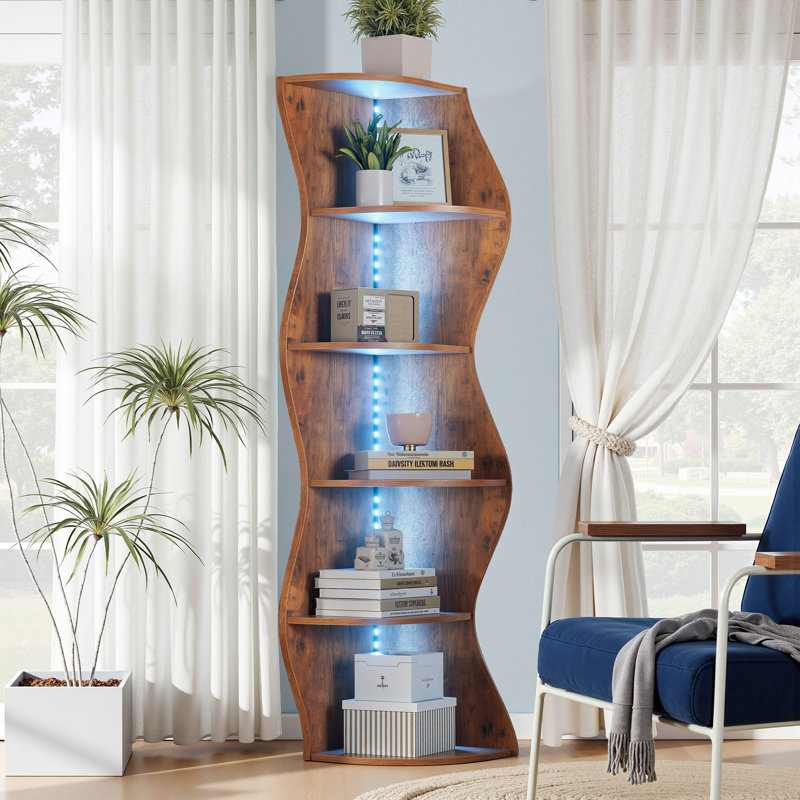 Modern LED Corner Bookshelf With Remote, 5 Tier Lighted Display Shelf, RGB 7 Color Floor Standing Bookcase Storage Rack