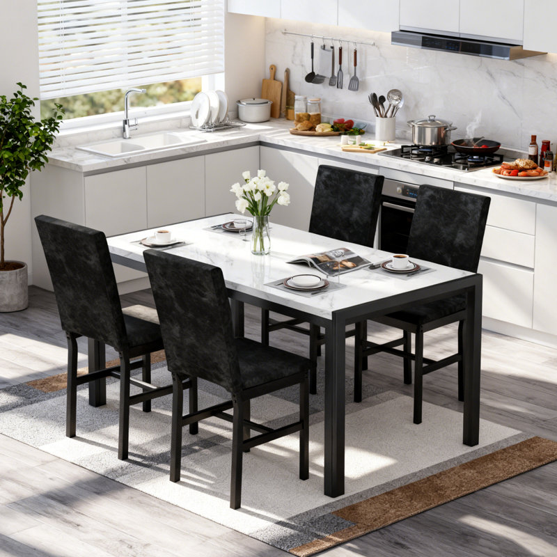 Dining Table Set For 4, 5 Piece Modern Kitchen Table And Chairs Set Of 4, Faux Marble Dinner Table With 4 Velvet Upholstered Chairs, Dining Room Table Set For Small Space, Living Room, Breakfast Nook