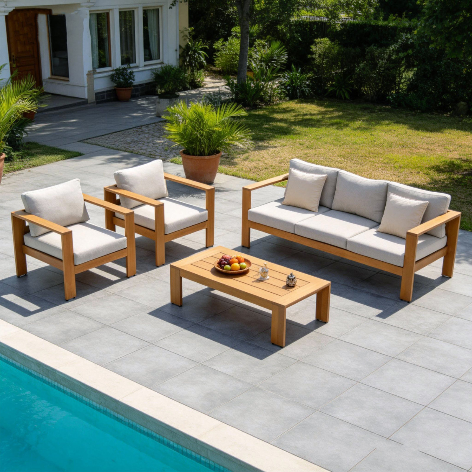 Naylor Eucalyptus Patio Seating Group, 4 Pcs: Table, Sofa, 2 Chairs