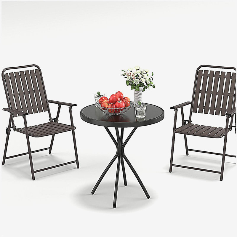 3-Piece Outdoor Patio Furniture Set, Foldable Powder-Coated Metal Chair & Tempered Glass Side Table - 350lb Capacity, Weather-Resistant for Balcony, Garden, Terrace, Brown