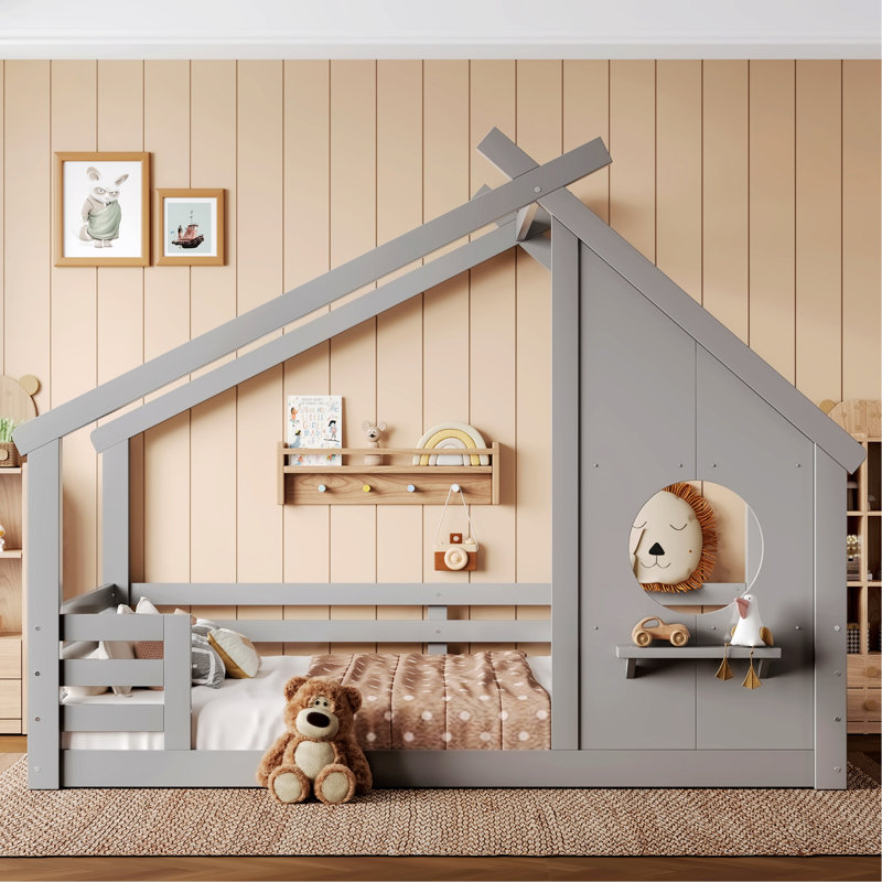 House-Shaped Floor Bed With Window And A Small Shelf, Lit double, Gray