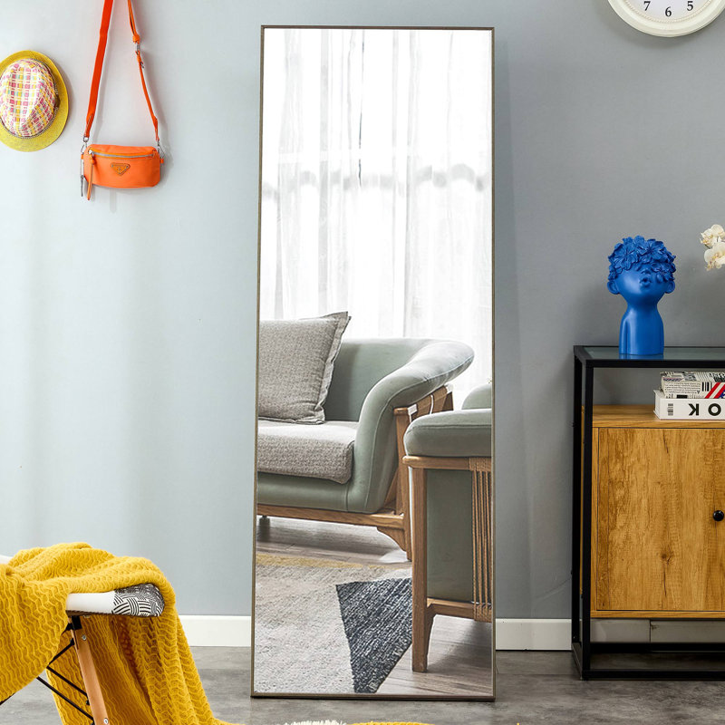 Clean and beautiful solid wood frame full-length mirror, dressing mirror, Gray, 58" x 15"
