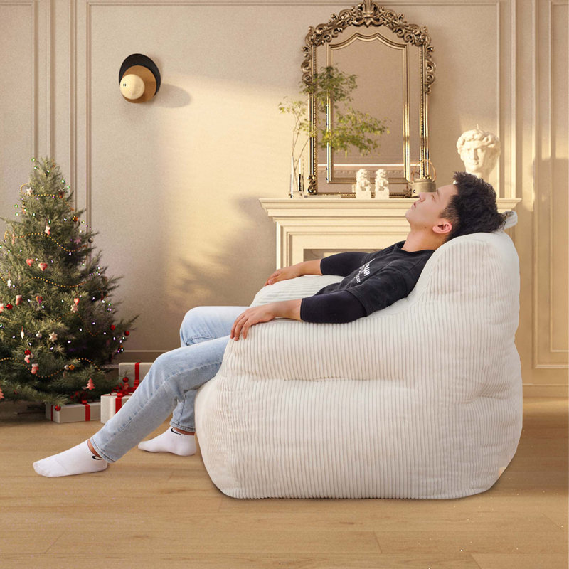 Compression Large Adult Corduroy Foam Filled Bean Bag Chair, White Corduroy
